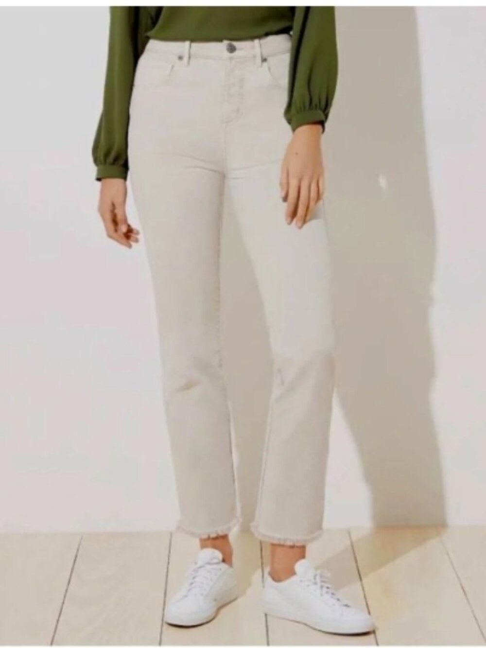 LOFT High Waist Straight Crop Jeans in Beige/Khaki